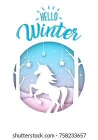 Unicorn in forest with snow and stars in the winter season, new year and christmas. Vector paper art style round illustration.