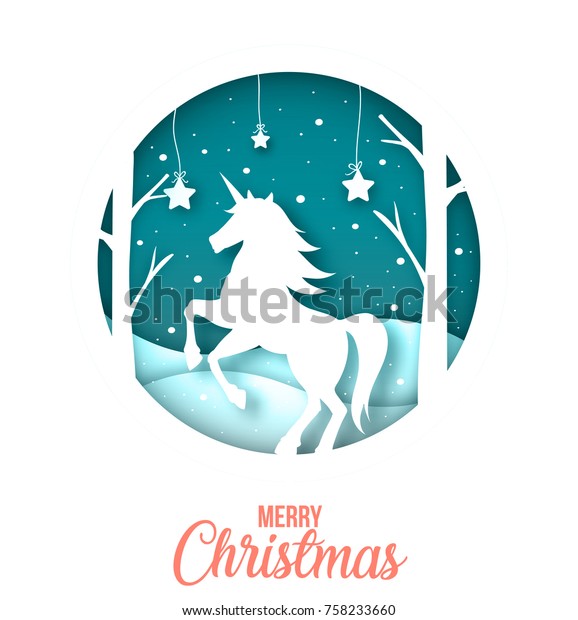 冬 新年 クリスマスに雪と星を持つ森のユニコーン ベクター画像の紙