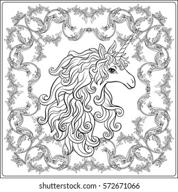 Unicorn in the frame, arabesque in the royal, medieval style. Outline drawing coloring page. Stock vector.

