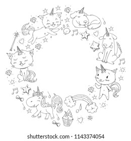 Unicorn frame. Cats, dog, horse, pony. Vector image. Coloring page for children book. Kindergarten background for banners, clothing, posters.