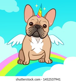 Unicorn french bulldog with horn and wings vector cartoon illustration. Cute bulldog puppy dog in the sky with rainbow and clouds. Humorous, magic, pets, mythical creatures, believe in yourself.
