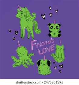 Unicorn and friends. girls tshirt print design, neon and more