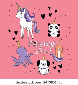 Unicorn and friends. girls tshirt print design, neon and more