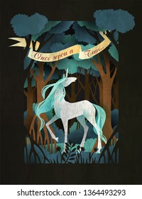 Unicorn in front of magic forest. Fairy tale book cover or poster template