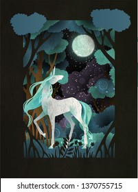 Unicorn in front of magic forest. Fairy tale book cover or poster template