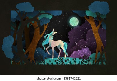 Unicorn in front of magic forest, night sky clouds and moon. Fairy tale illustration