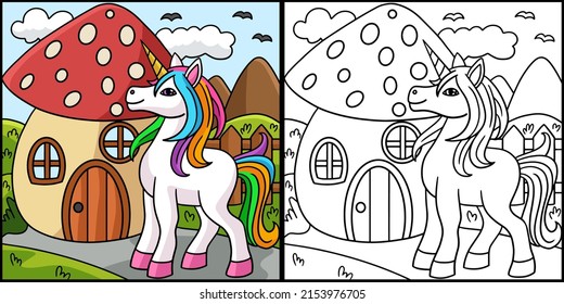  Unicorn In Front Of Mushroom Colored Illustration