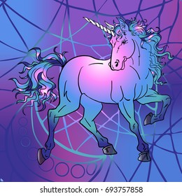 Unicorn in front of spider web blue gradient colour background.