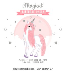 Unicornio. En pleno crecimiento. Melena rosada. Invitación a una fiesta de cumpleaños