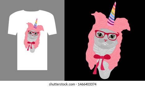 I am Unicorn. Funny cat T-shirt. Trendy fashion concept with grey cat portrait.