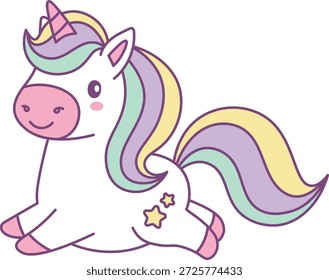 Unicórnio galopando com marca estelar, corpo gordinho e juba fluindo em desenhos animados kawaii. Símbolo de magia, fantasia, maravilha, alegria e imaginação. Ilustração de vetor de desenhos animados.