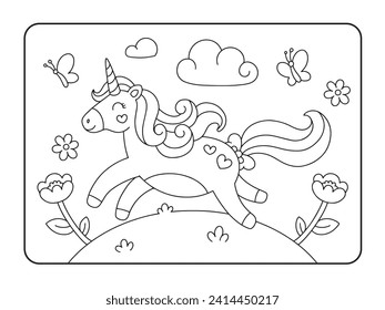 Unicorn at garden coloring page illustration