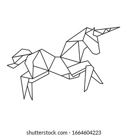 Unicorn in a geometric style. Outline geometric illustration for poster, greeting card, wall decoration sticker and prints. Contour for tattoo, logo, emblem and design element.