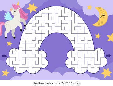 Unicorn geometrisches Labyrinth für Kinder. Fairytale druckbare Vorschulaktivität, geformt wie Regenbogen auf violettem Himmelshintergrund. Magisches oder Fantasie-Labyrinth-Spiel mit Sternen, Wolken, Halbmond
