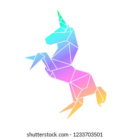 Unicorn in geometry low-polygonal style. Origami rainbow