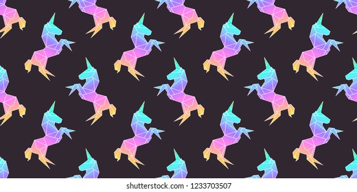 Unicorn in geometry origami low-polygonal style. Seamless pattern