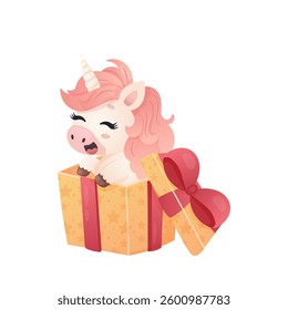 Unicorn in a Gift Box  Cute Birthday Surprise Illustration