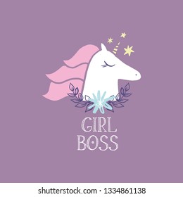 Unicorn Girl Boss Head Vector, Cute Nursery Wall Art, Animal Print, Pastel Baby Room Decor Picture, Clip Art, Illustrator EPS And JPG