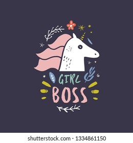 Unicorn Girl Boss Head Vector, Cute Nursery Wall Art, Animal Print, Pastel Baby Room Decor Picture, Clip Art, Illustrator EPS And JPG