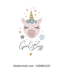 Unicorn Girl Boss Head Vector, Cute Nursery Wall Art, Animal Print, Pastel Baby Room Decor Picture, Clip Art, Illustrator EPS And JPG