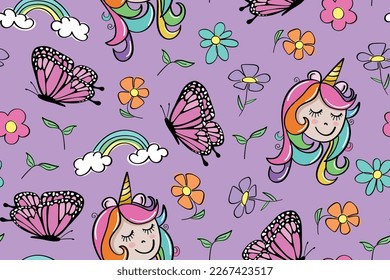 Unicorn girl, butterfly, rainbow, flower drawings. Seamless pattern repeated texture background design for fashion, textile. Vector illustration.