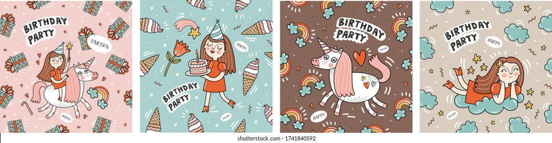 Unicorn, girl and happy birthday! Сгеу vector illustration of a birthday party. Drawings of rainbow, ice cream, cake, gifts for postcards, cards or poster.
 

