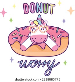 Unicorn girl horse heart glasses donut sprinkles pink donuts worry handwritten font colorful sparkles rainbow cartoon character