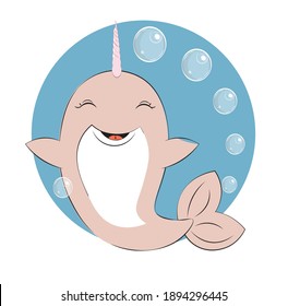 unicorn girl Pink Narwhal with horn have fun in bubble background, picture in hand drawing cartoon style, for t-shirt wear fashion print design, greeting card, postcard. baby shower. party invitation