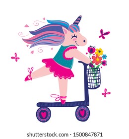 Unicorn girl ride on electric scooter with box flowers on front side end hearts wheel. Childish illustration drawing in cartoon style. Girlish magic t shirt design. 