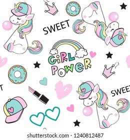 unicorn girl with sneakers, rainbow, headphones and the inscription girl power seamless pattern on a white background