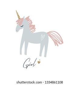 Unicorn girl vector, cute nursery wall art, animal print, pastel baby room decor picture, clip art, Illustrator EPS and JPG