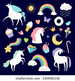 Unicorn and girlish elements rainbow, brilliant and cake. Vector unicorn and cake, sweet and horn illustration