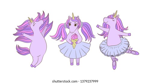 Unicorn girls ballerinas. Cute doodle style. Cartoon characters different poses. Eating ice cream. Hand drawn set. Magic collection. Girlish print. Funny little pony chubby animal. Isolated on white.