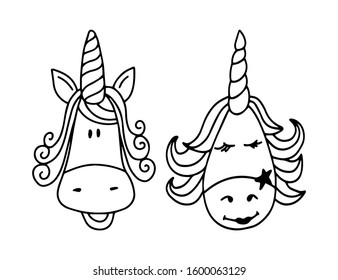 Unicorn girls couple funny animals. Cute trendy two animals in doodle style isolated on white background. Vector outline stock illustration.Textile kids print on t shirt.One line tattoo, sticker.