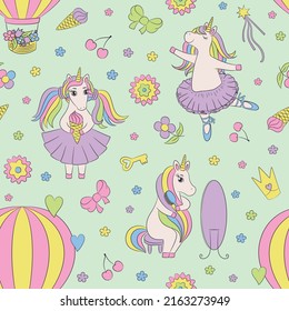 Unicorn girls seamless pattern. Cute unicorn repeat design.