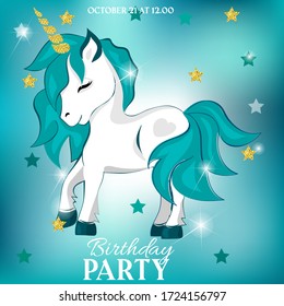 Unicorn with glitter, stars and sparkles on blue background. Birthday party invitation for children with unicorn, blue and turquoise colours and glitter. 