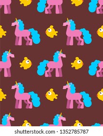 Unicorn and gold fish pattern seamless. Magic childrens background. Magic horse with horn on head. Vector ornament