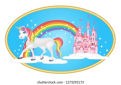 Unicorn in golden frame with rainbow, clouds and princess castle