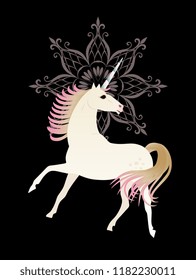 Unicorn and golden mandala snowflake isolated on black background in vector. Beautiful logo. Greeting or invitation card.