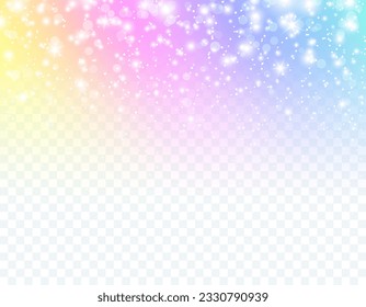 Unicorn gradient isolated on transparent background. Rainbow dream, princess, fantasy or fairy tail overlay texture. Vector magic spectrum border with bokeh light effect, glitter and white stars
