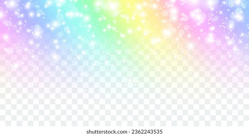 Unicorn gradient isolated on transparent background. Rainbow dream, princess, fantasy or fairy tail overlay texture. Vector magic spectrum border with bokeh light effect, glitter and white stars