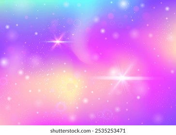 Gradiente de unicornio. Invitación mágica rosa. Fondo del arco iris. Malla pastel holográfica. Holograma cósmico púrpura. Patrón místico lila. Telón de fondo de chica. Estrellas Unicornio Gradiente.