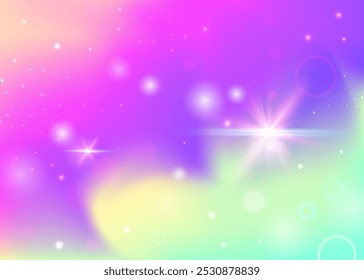 Einhorn-Farbverlauf. Purple Rainbow Pattern. Mädchenhintergrund. Irisierender kosmischer Effekt. Rosa magisches Hologramm. Lilac Pastel Einladung. Kawaii-Hintergrund. Sterne Einhorn-Farbverlauf.
