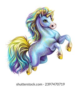 Unicorn. A graphic, color image of a cute running unicorn in watercolor style on a white background. Digital vector graphics.
