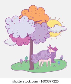 unicorn grass tree sunny day sky flowers fantasy magic cartoon vector illustration