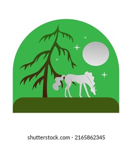 A unicorn grazes near a tree. A magical country. Beautiful clipart. Vector illustration. A fairy-tale character. A fantastic animal.