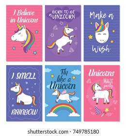 Unicorn greeting card set. Great design for postcard, birthday invitation card and children's party