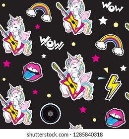 Unicorn with a guitar on a black background seamless pattern