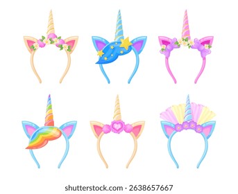 Unicorn hair band. Unicorn hairband, pony headband with horn ears female tiara girl hat for little princess child magic party my diadem cute head hairstyle neat vector illustration original artwork