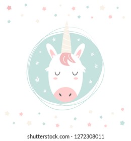 Unicorn hand drawn face. Vector character. Baby print, textile, book, baby shower template card